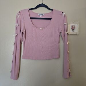 Ribbed Pink Bow Long Sleeve Crop Top